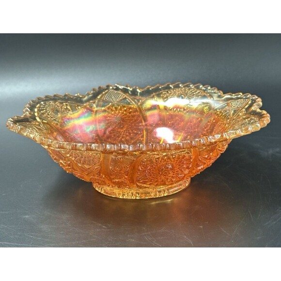 Vintage Iridescent Amber Sunflower Orange Carnival Glass Bowl Scalloped Edges - Picture 4 of 11